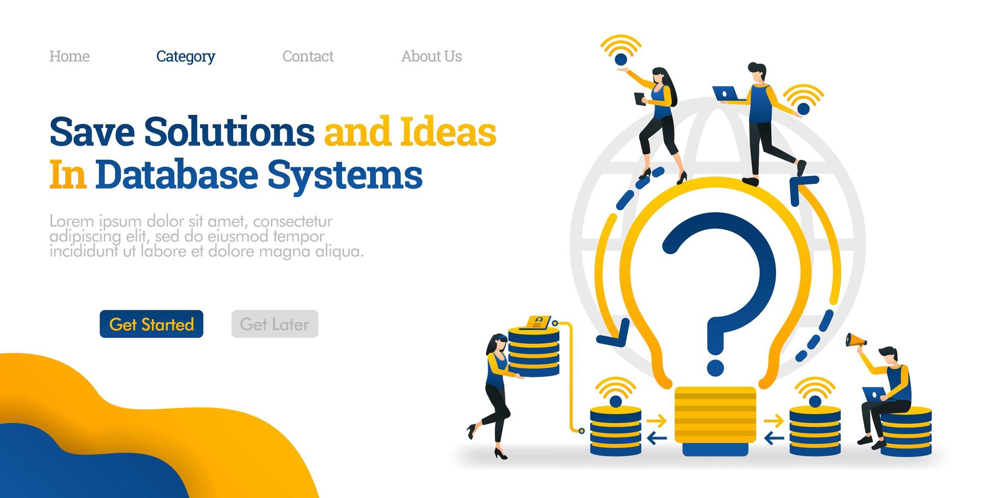 guardar soluciones e ideas en el sistema de base de datos. encontrar soluciones y almacenarlas en la base de datos. concepto de ilustración plana vectorial, se puede utilizar para, página de destino, plantilla, interfaz de usuario, web, página de inicio, cartel, banner, volante vector