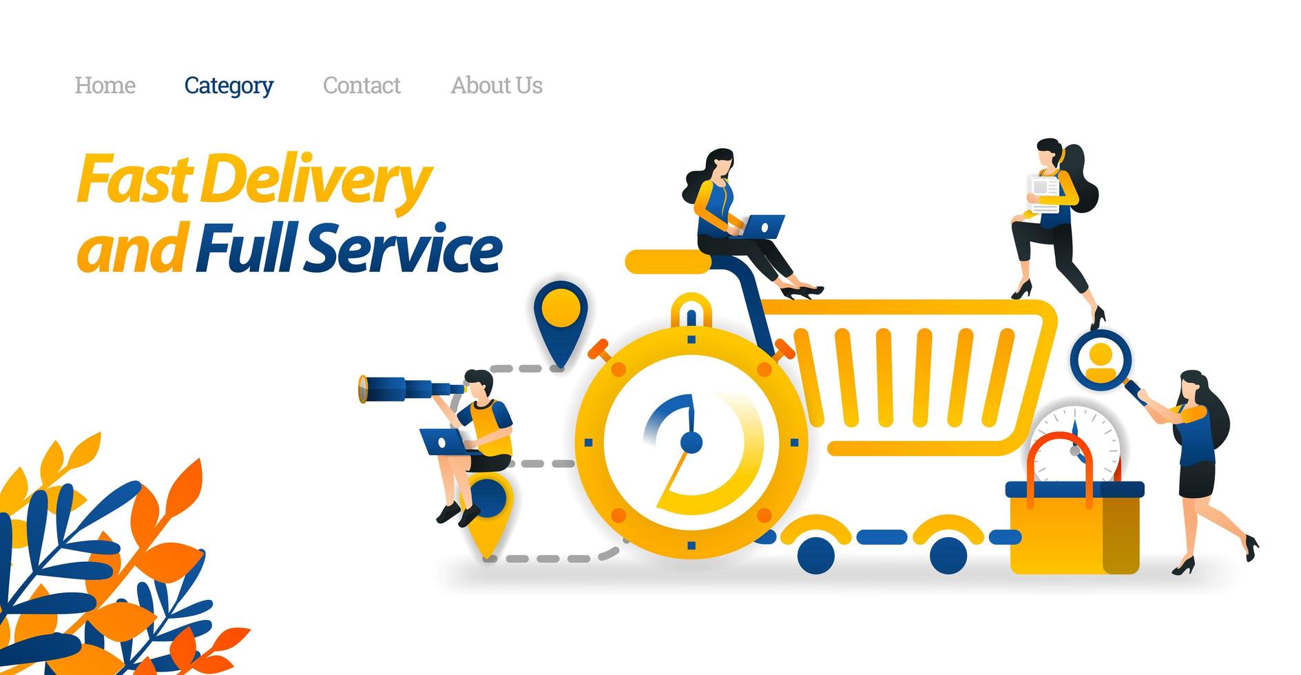 Design Fast Delivery and Full Service With Pin, Stopwatch, Shopping trolley and basket. Vector Illustration Flat Icon Style Suitable for Web Landing Page, Banner, Flyer, Sticker, Wallpaper, Background