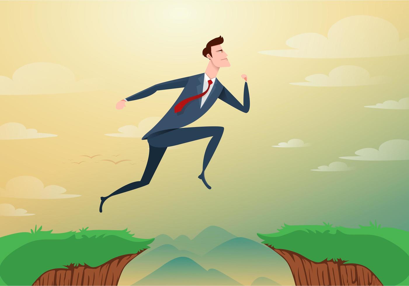 El hombre de negocios salta a través de los obstáculos de la brecha entre la colina hacia el éxito. corriendo y saltando acantilados. concepto de éxito y riesgo empresarial. ilustración vectorial de dibujos animados. vector