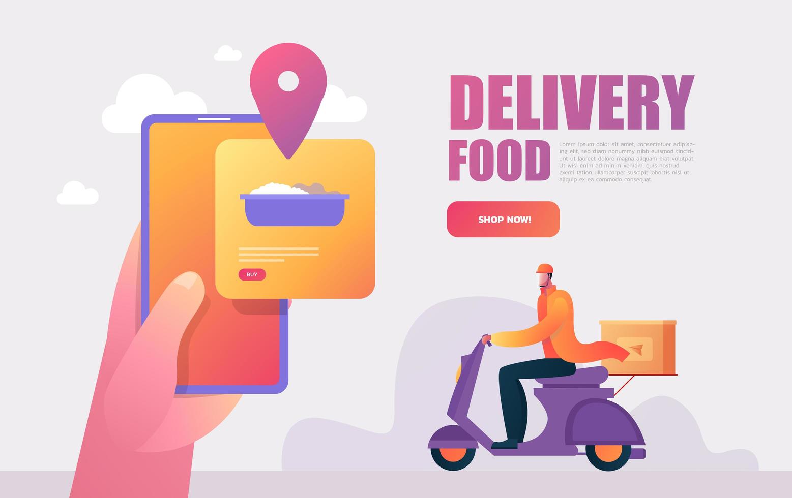 Food delivery service. Mobile application. Young male courier with a large backpack riding a motor bike. vector