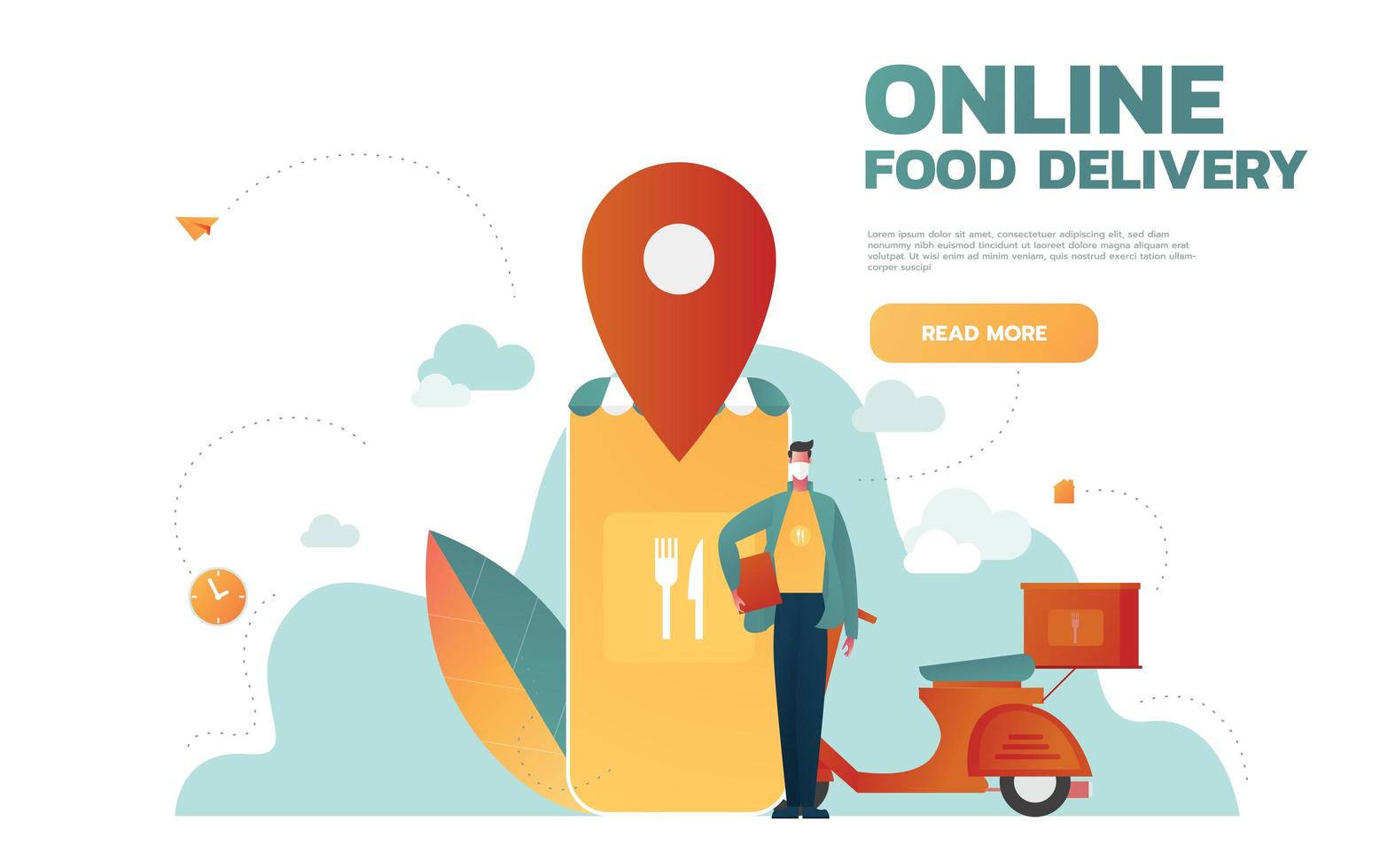 Food delivery service. Mobile application. Young male courier with a large backpack riding a motor bike. Flat editable vector illustration, clip art.