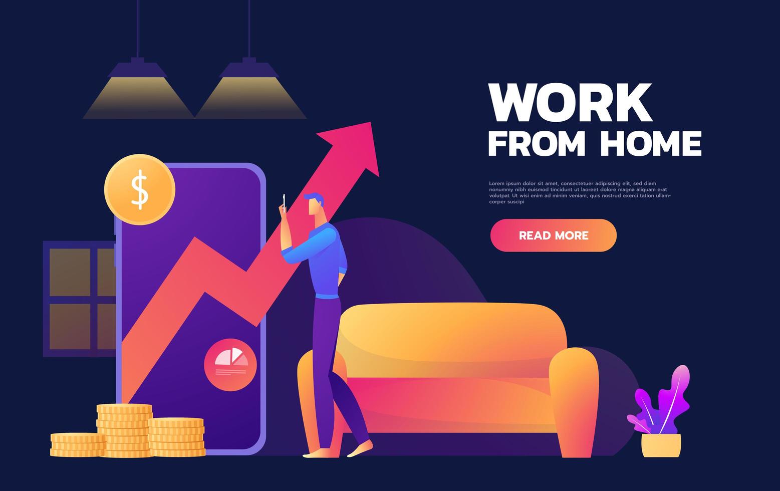 Businessman Show Increase market vector illustration. business concept design. Work from Home