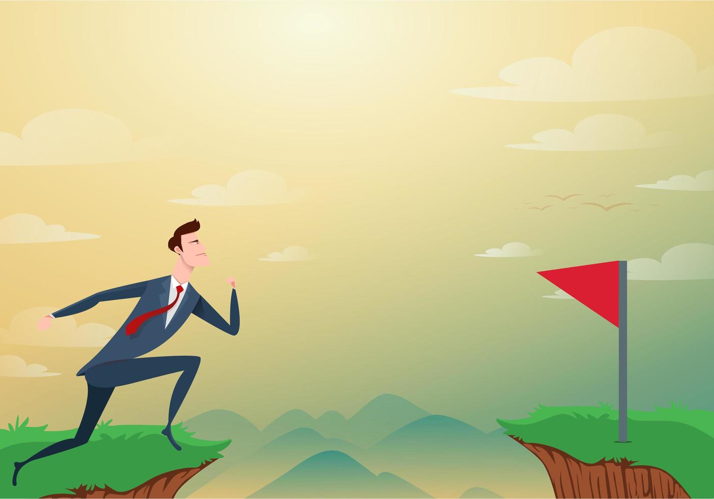 Businessman jump through the gap obstacles between hill to red flag and success. Run and jump over cliffs. Business risk and success concept. Cartoon Vector Illustration.