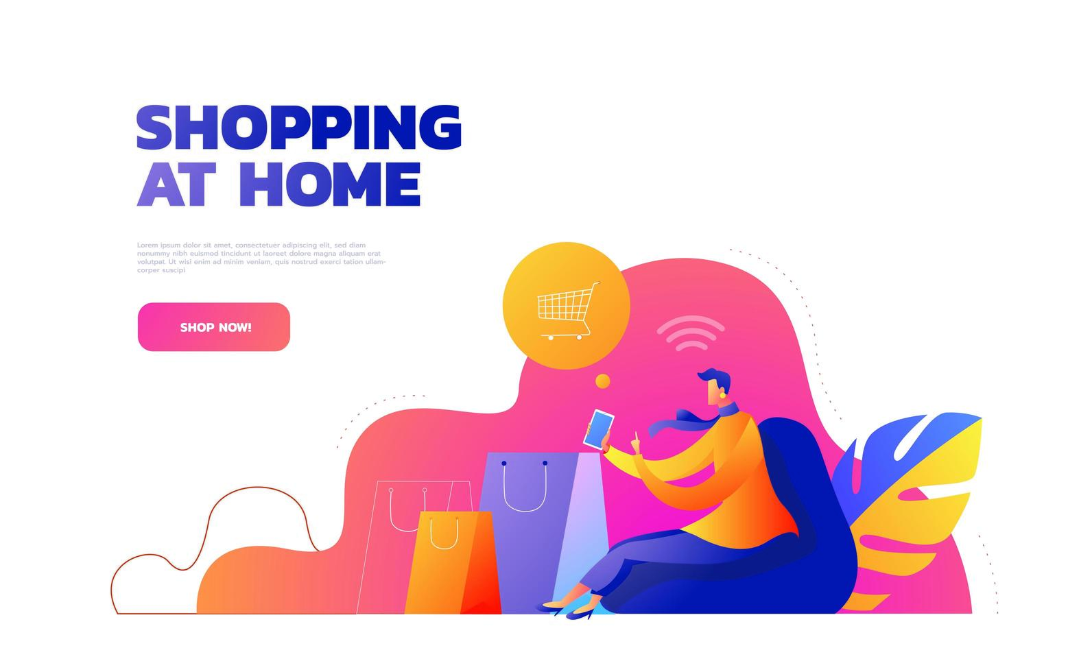 Self isolation concept. Young girl doing online shopping from home during Covid-19. Online purchases from home during Quarantine. Vector illustration.