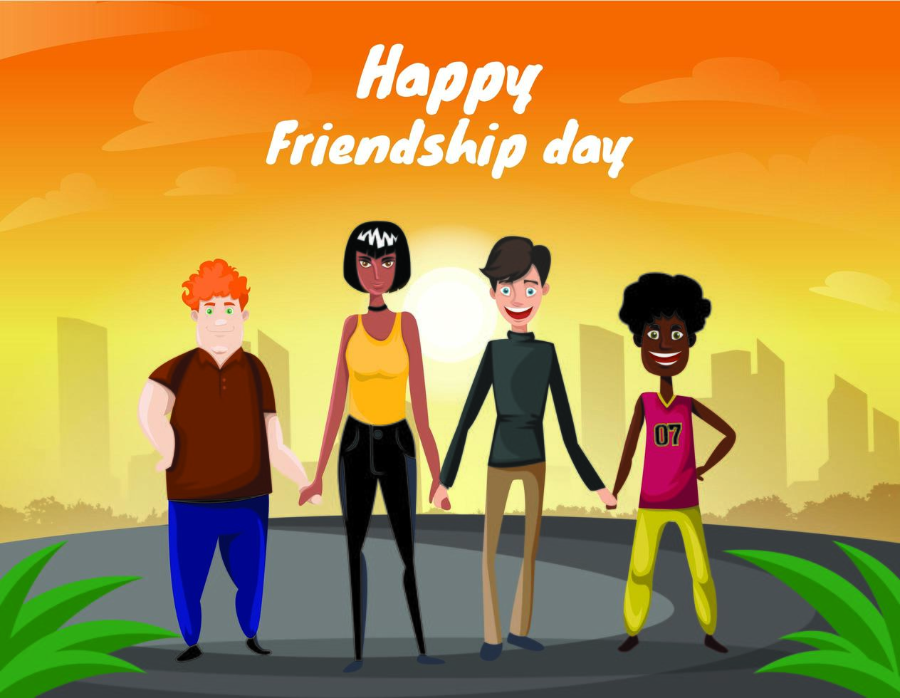 Group of four happy diverse friends walking with city and sunrise background. Happy friendship day vector
