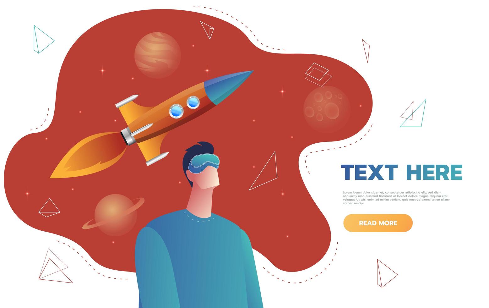 Isolated character young man in a virtual reality helmet, launch space rocket flight. Concept of science fiction and space, VR. Flat cartoon colorful vector illustration.