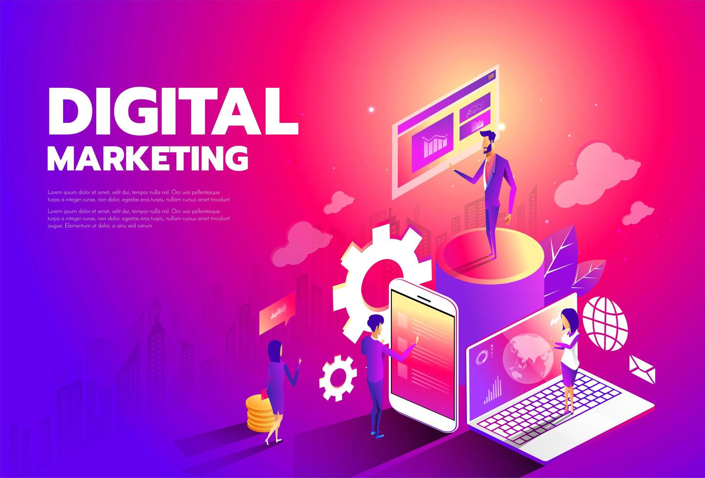 Diseño de estilo isométrico: estrategia de marketing de contenidos, marketing digital, banner de vector plano para compartir contenido.