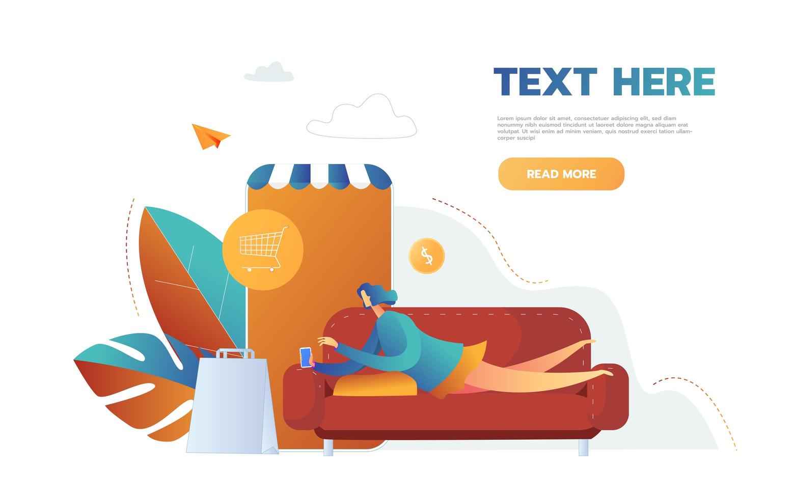 woman buying things online store in mobile app, vector, lying on the sofa. vector