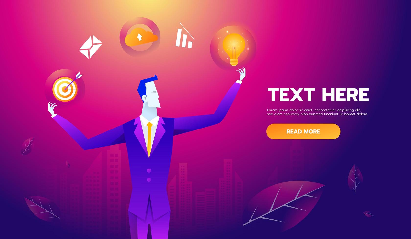 Multi Skill Concept. Businessman with business icons and skills. Concept business vector illustration