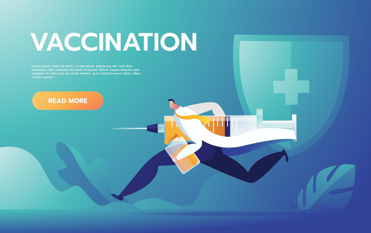 Doctor runs with syringe. Vaccination against virus, needle and drug, vector illustration.