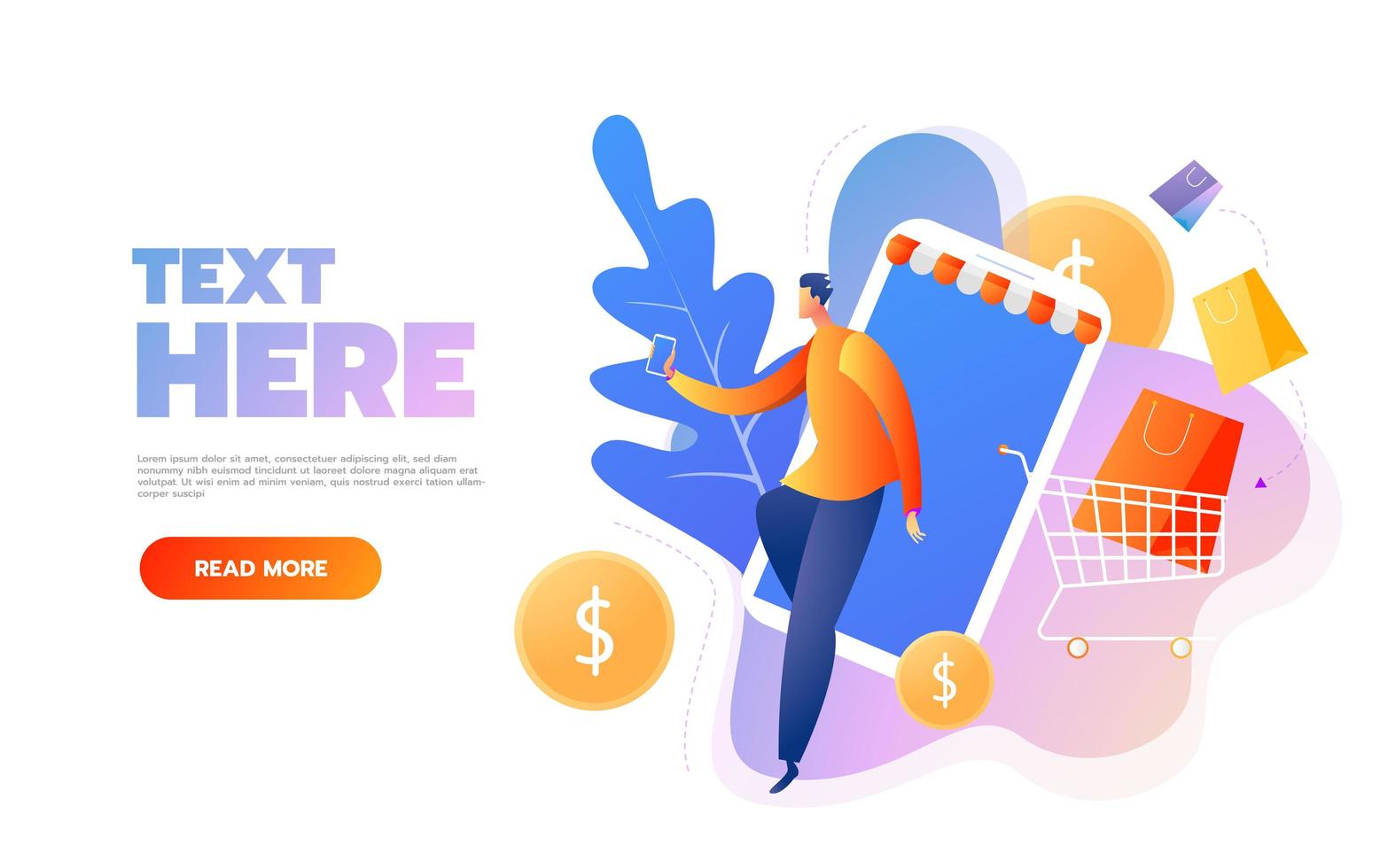 Smiling man character with shopping bags. Happy shopper. Online shopping isometric concept. Big Sale. Flat vector illustration