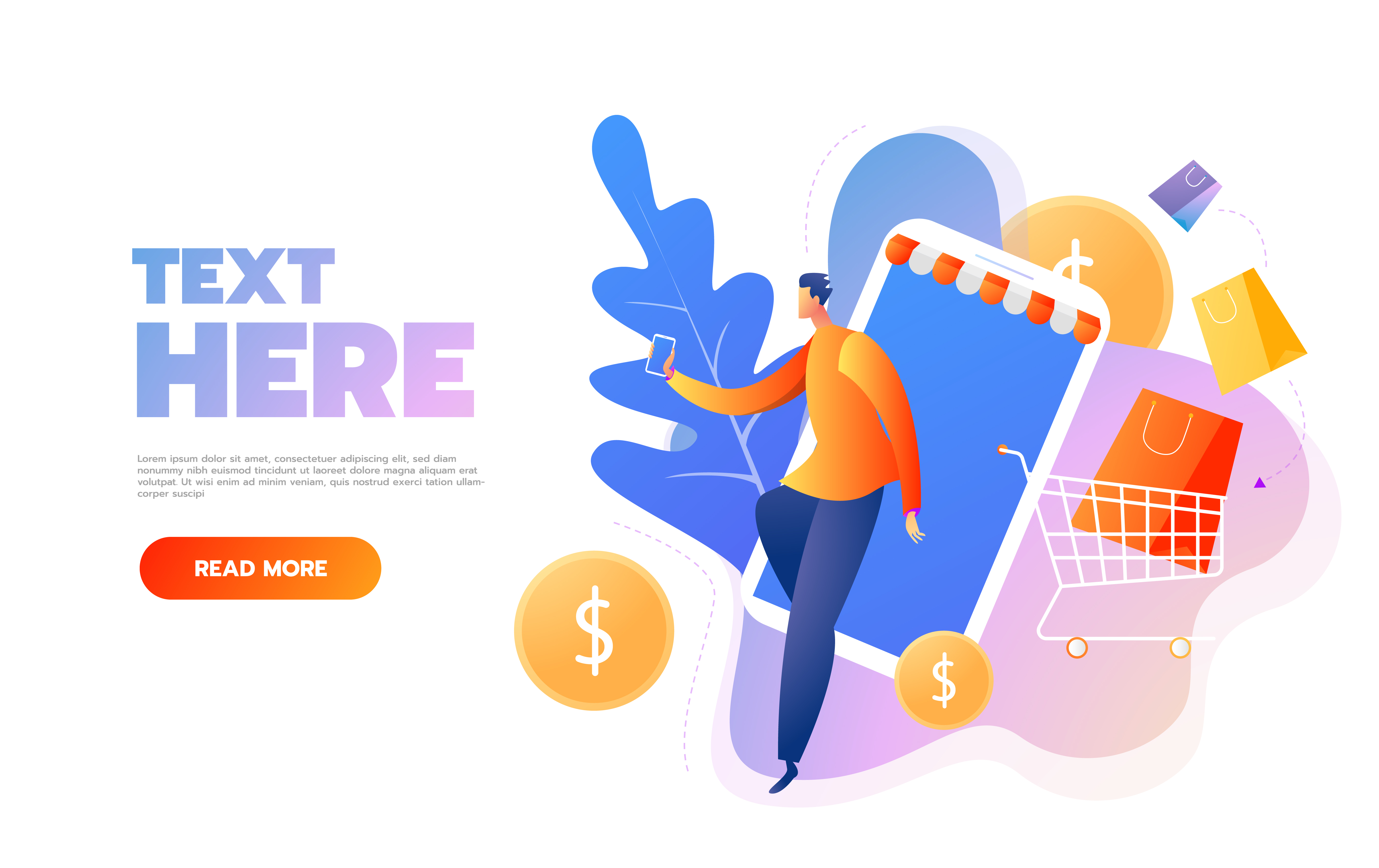 Smiling man character with shopping bags. Happy shopper. Online