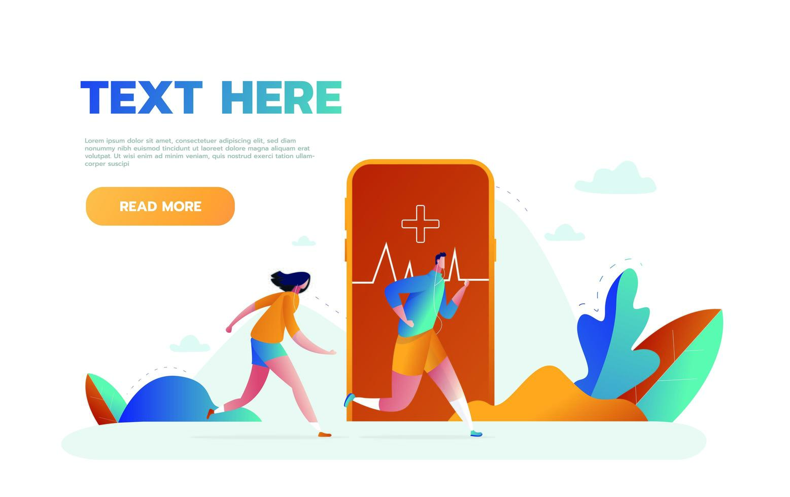 Vector illustration of big smartphone with fitness activity tracking application for exercising, running and tiny people doing sports. Smart sports technology concept for web banner, website page etc.