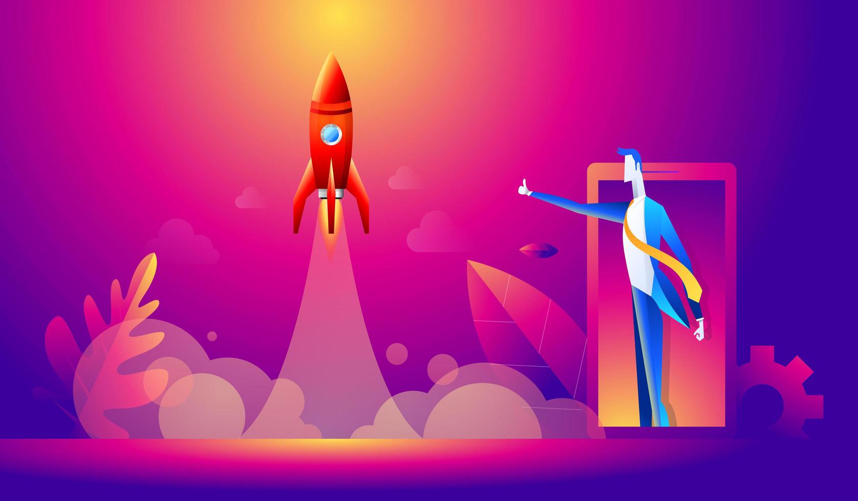 Concept of startup. Cartoon happy business man with thumb up for rocket launch. Flat design, vector illustration