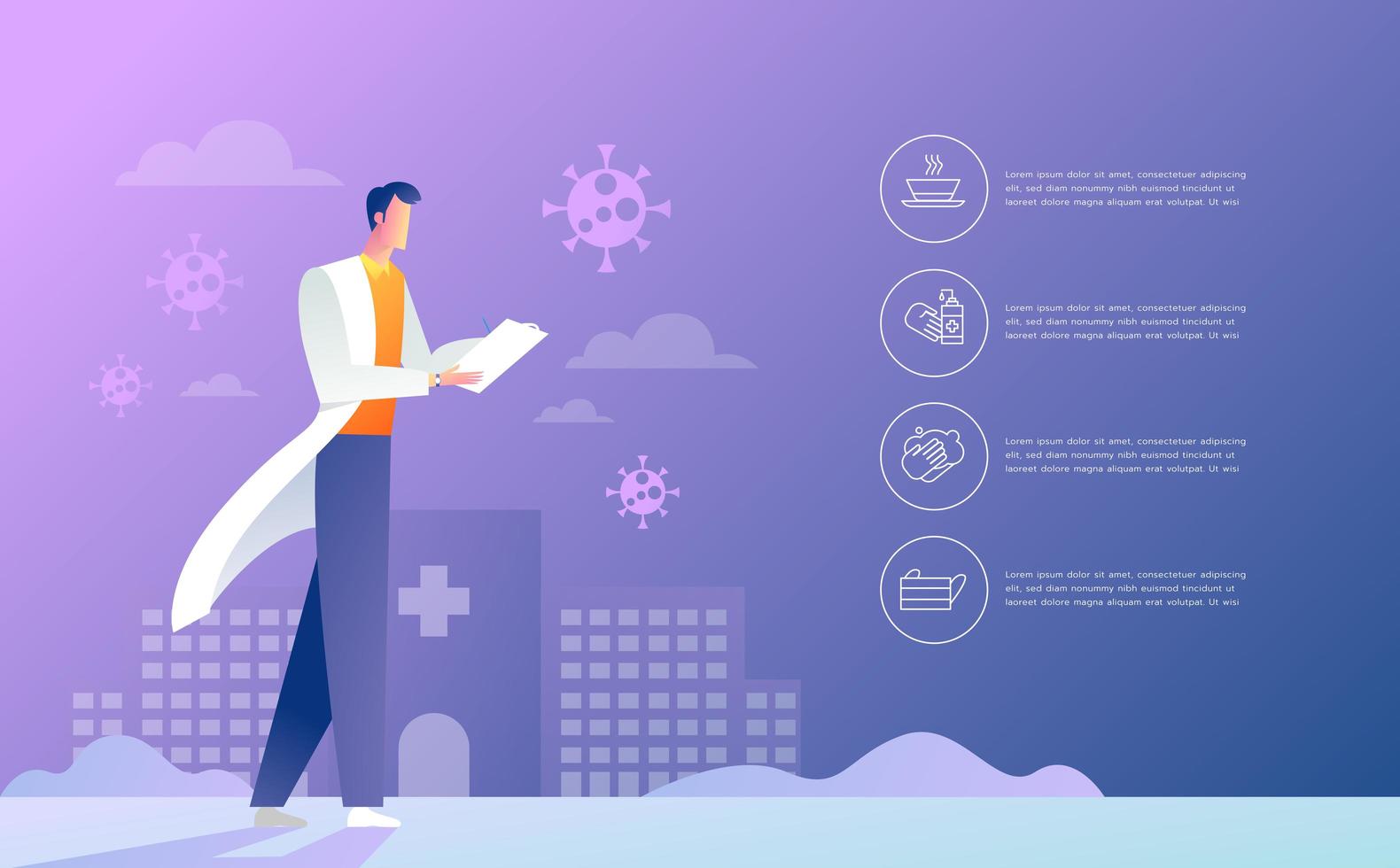 Coronavirus preventions. Doctor explain infographic vector illustration