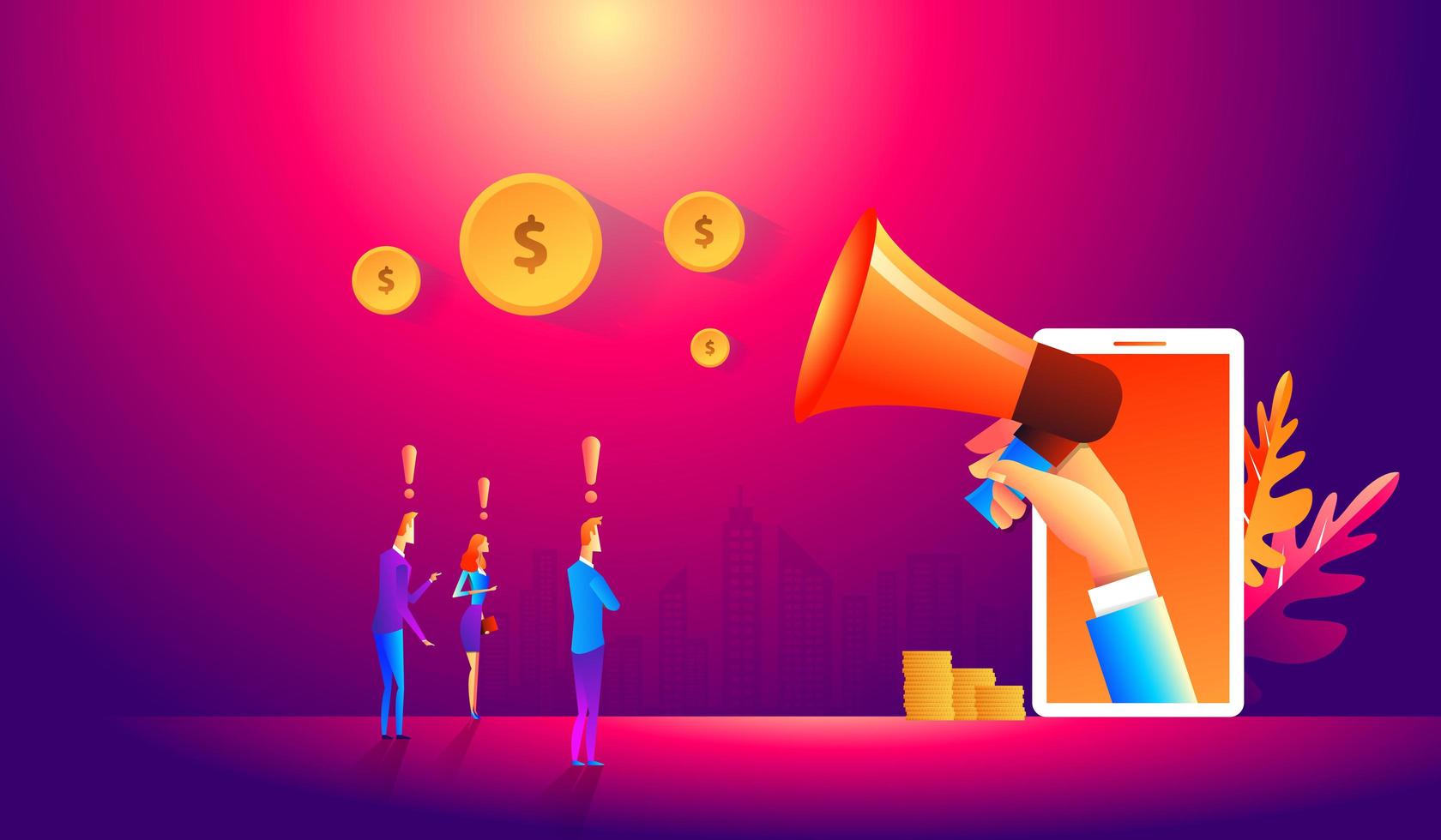 Online Marketing Team with client. Illustration, Graphic Design. Business Concept. vector