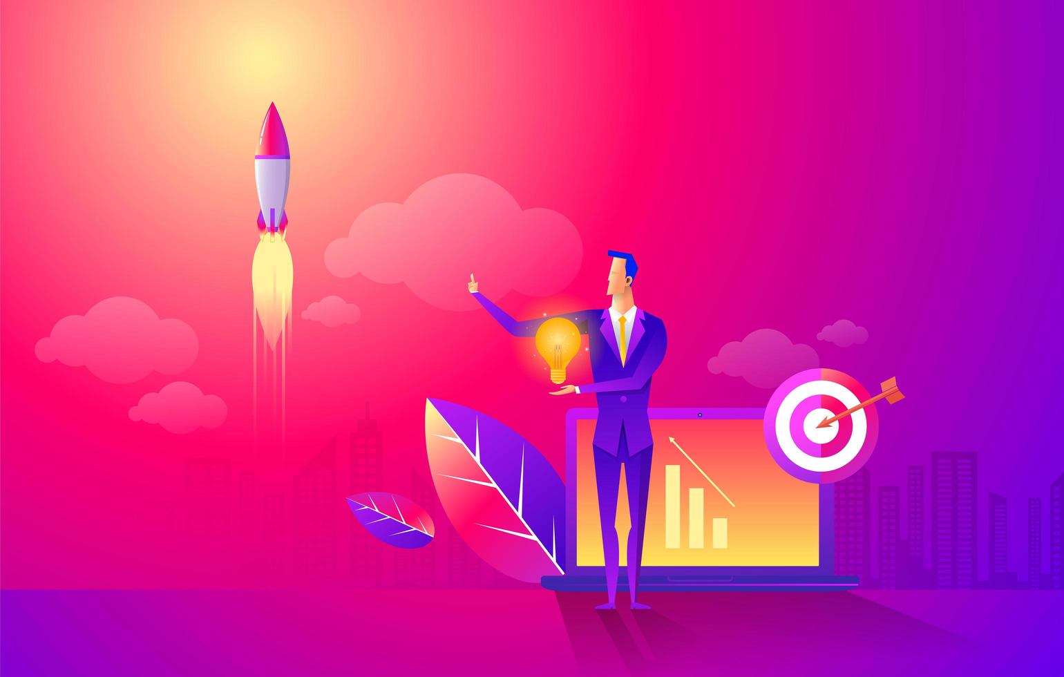 iniciar nave espacial en un estilo plano. banner plano de momentos de trabajo de inicio de negocios. nuevas ideas, búsqueda de inversores, aumento de beneficios. situación empresarial. empresario lanzando cohete de inicio al espacio. vector