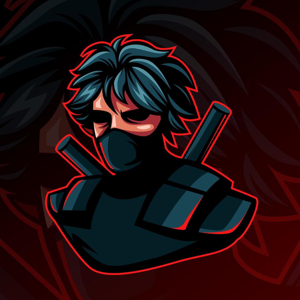 Personaje de mascota ninja o asesino sobre fondo oscuro para esport lcon. vector