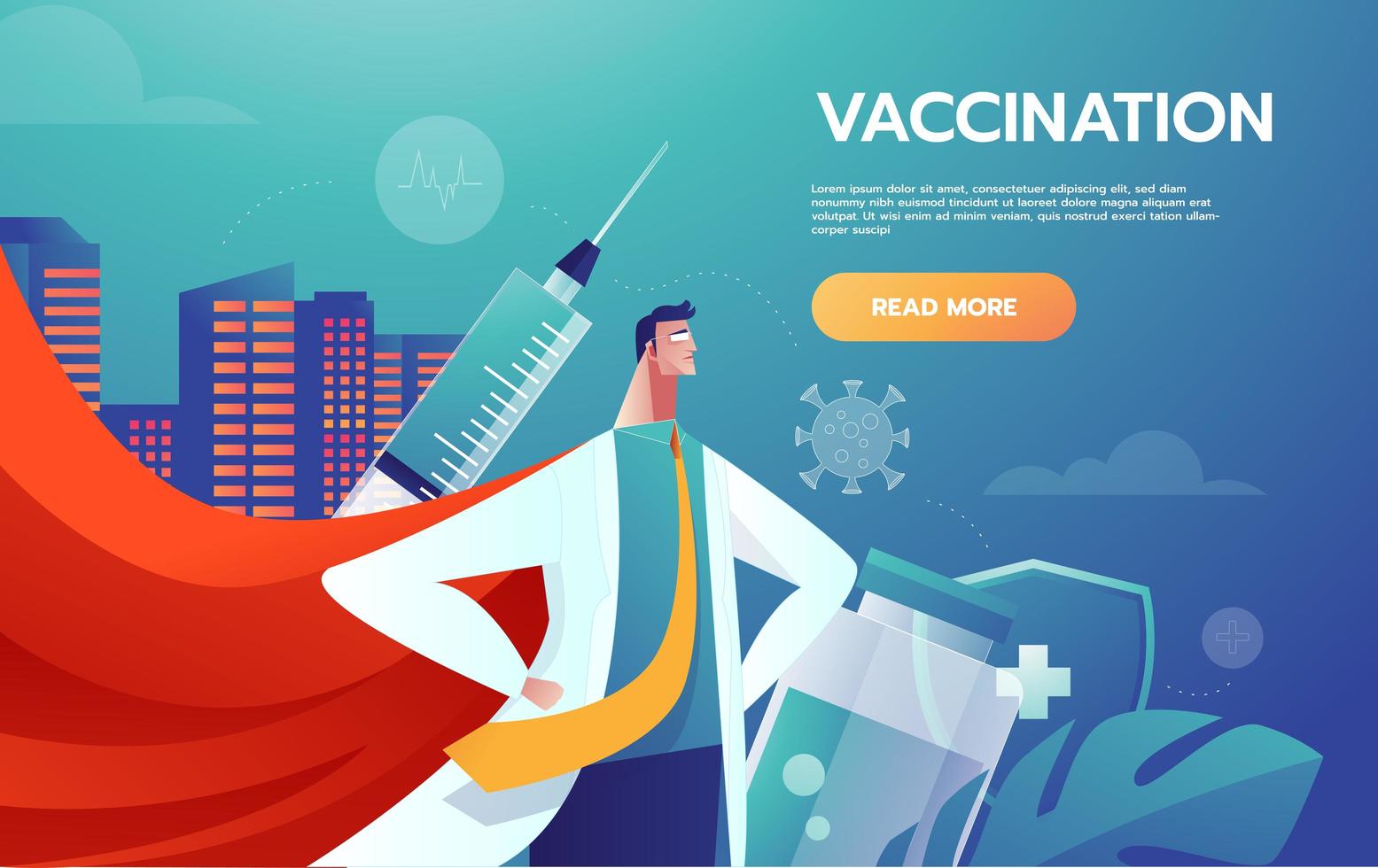 Doctor Hero in a Red Cloak Stands Vaccination Concept vector