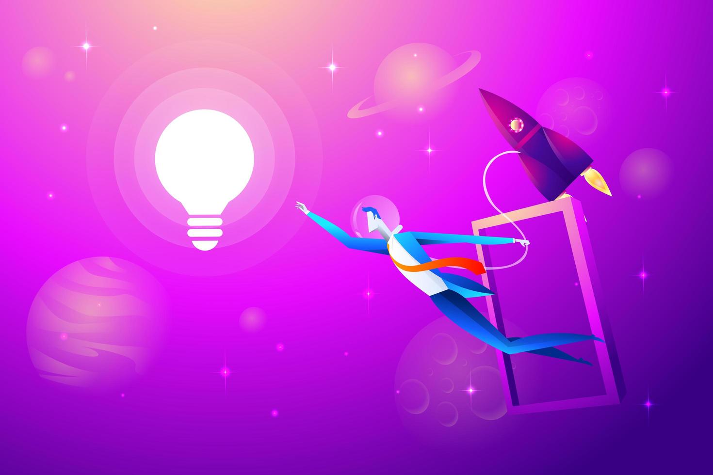 Flying lightbulb and Rocket with businessman try to grab. Business concept vector