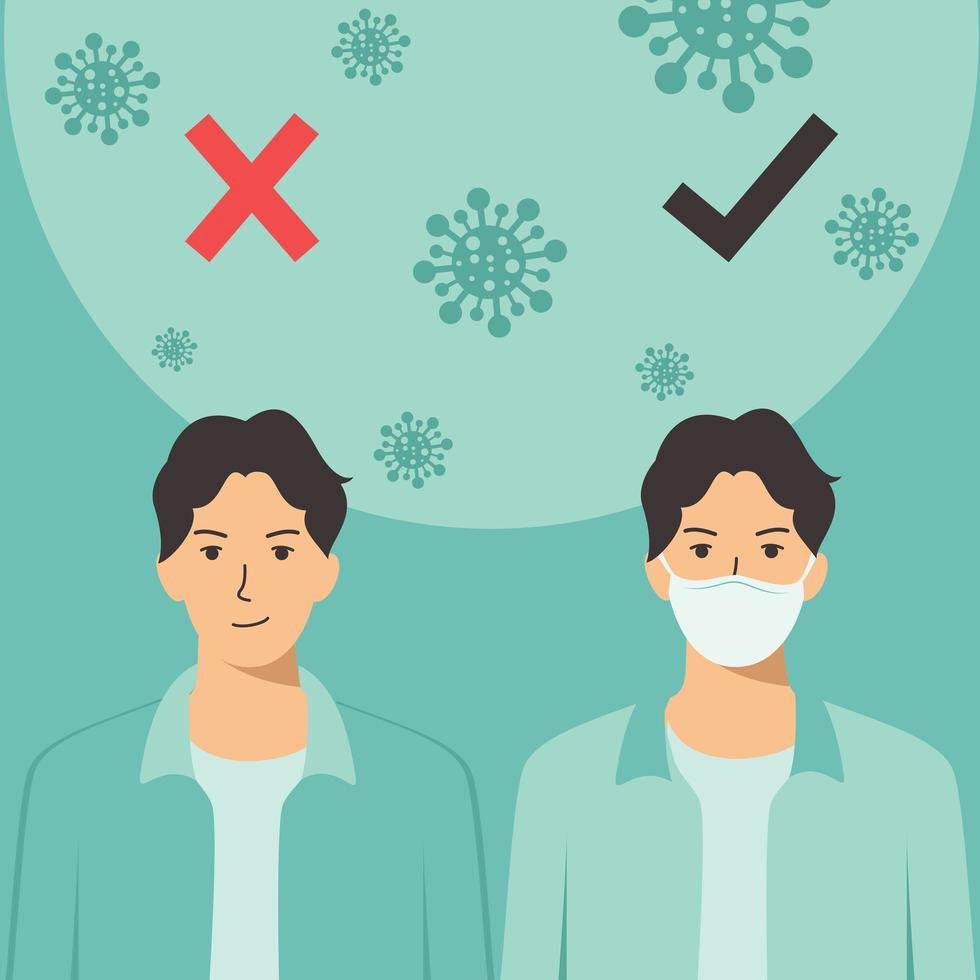 Banner with a man in a protective medical mask and coronavirus cells. vector