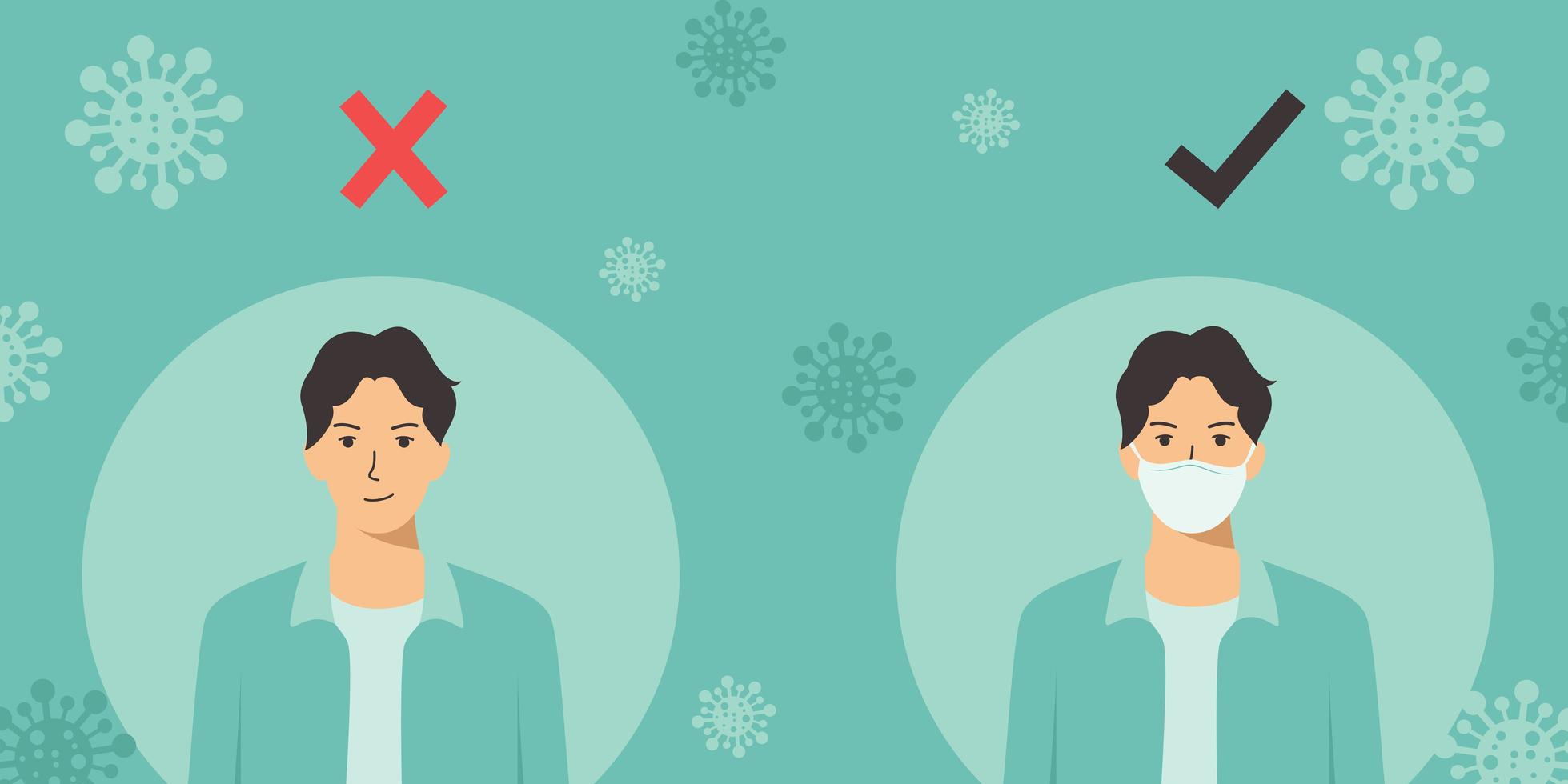 Men in protective masks and flying coronavirus cells in flat style. vector