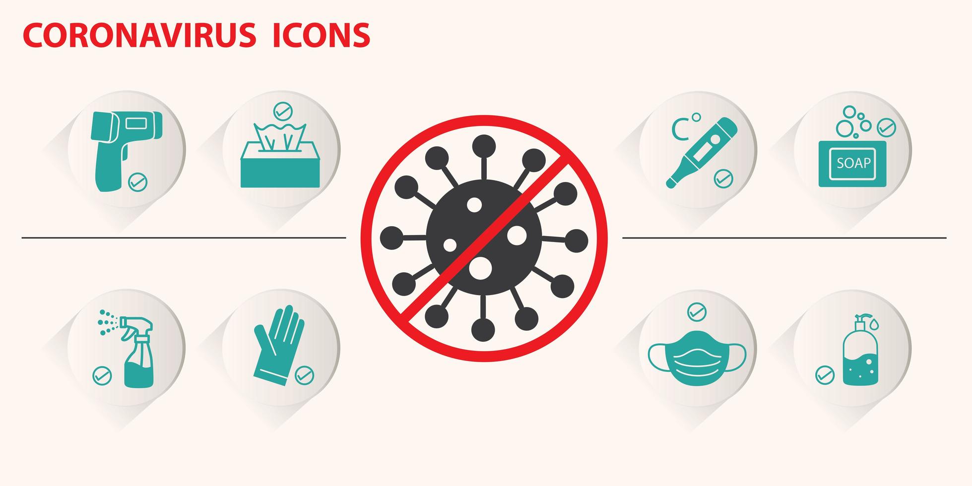 Covid 19 coronavirus, prevention outbreak disease pandemic virus icons set vector