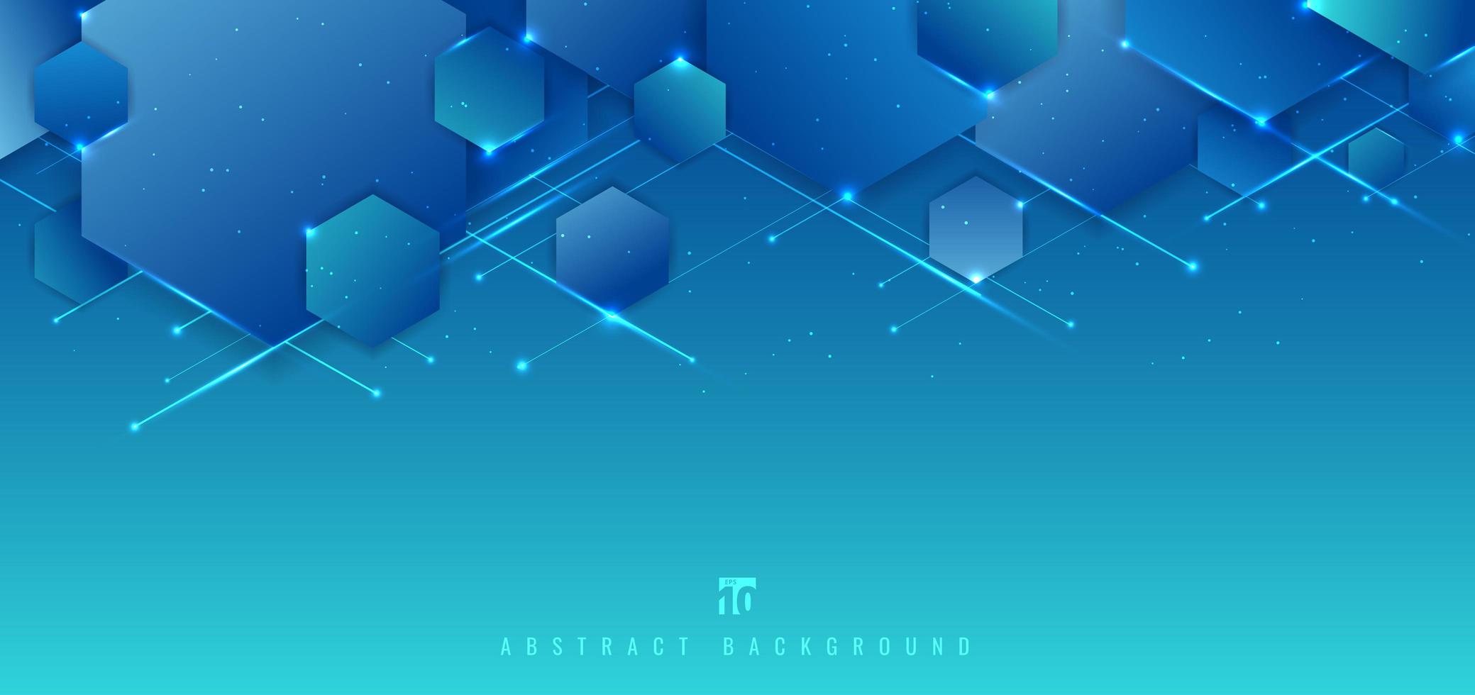 Abstract blue background geometric hexagons overlapping with lines and lighting technology futuristic digital concept. vector