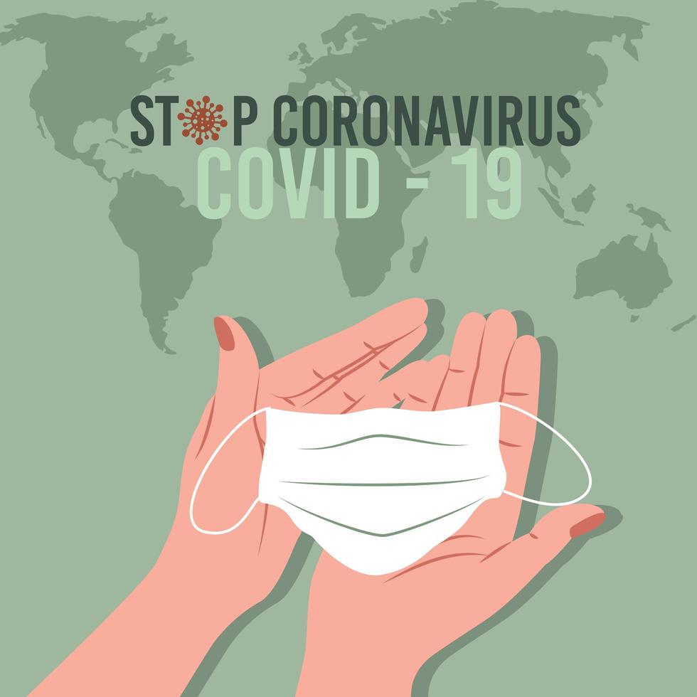 Stop coronavirus pandemic with hands holding mask vector