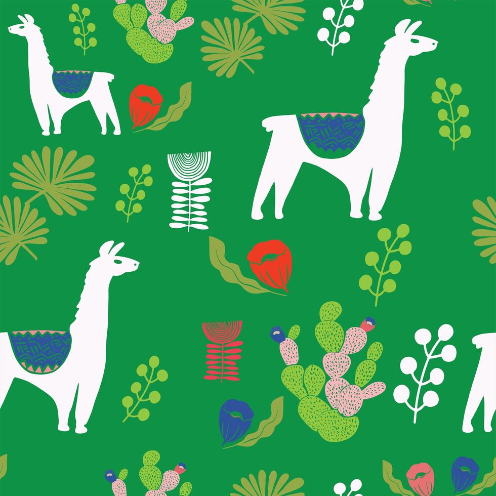 Illustration with llama and cactus plants. Vector seamless pattern on botanical background.