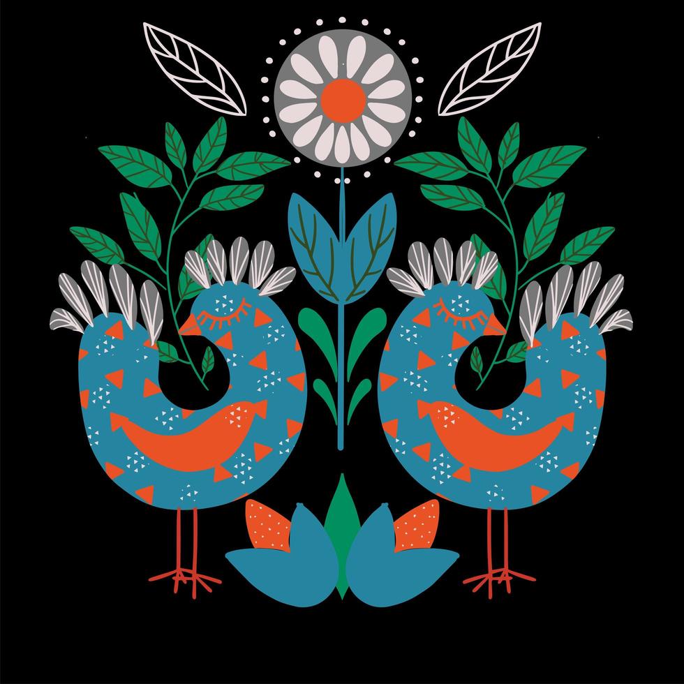 Floral Folk art with birds square pattern in modern style, Scandi vector illustration