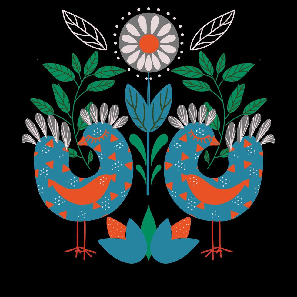 Floral Folk art with birds square pattern in modern style, Scandi vector illustration