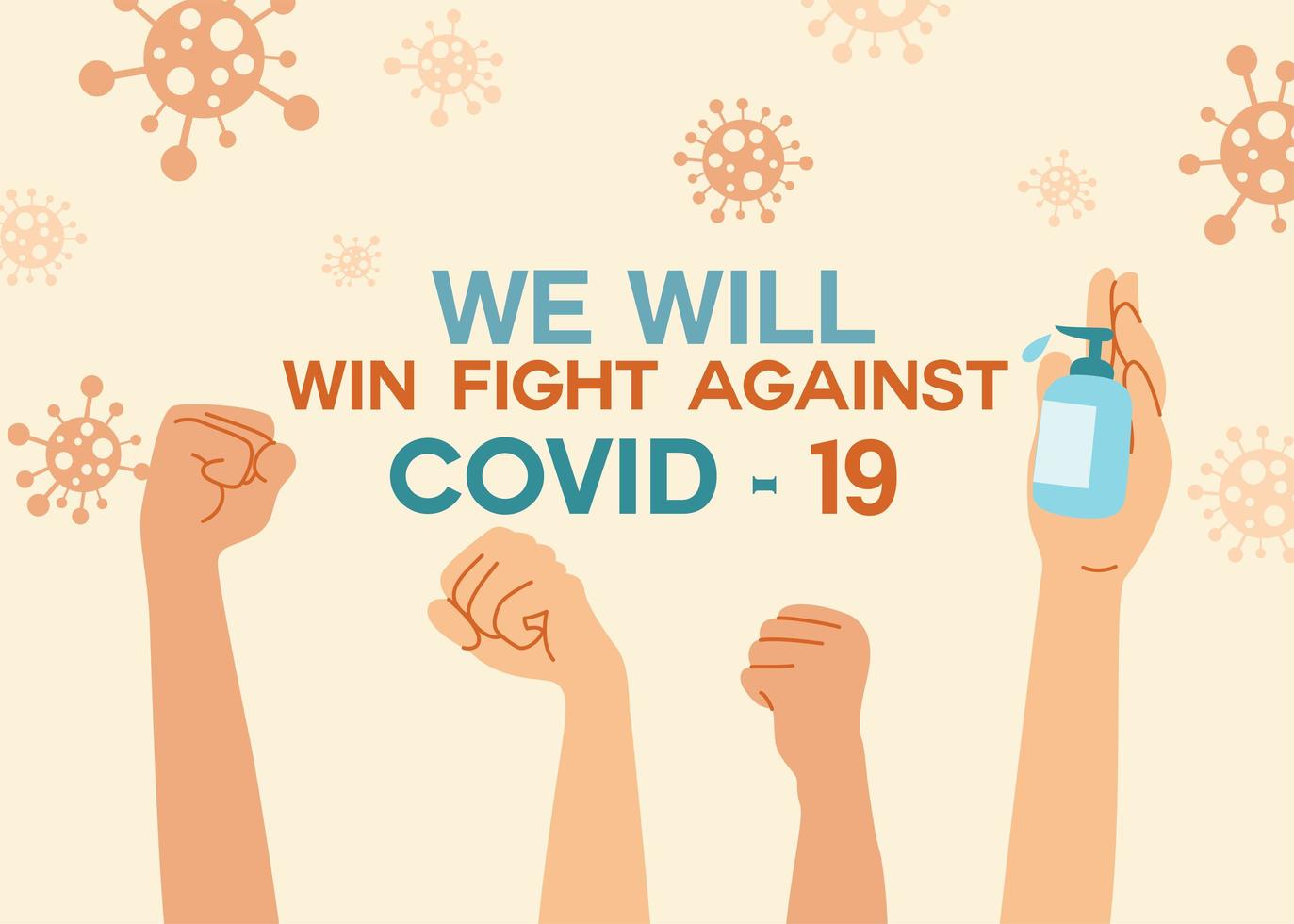 Confident raised fists and one hand holding sanitizer gel. Virus protection concept idea. vector