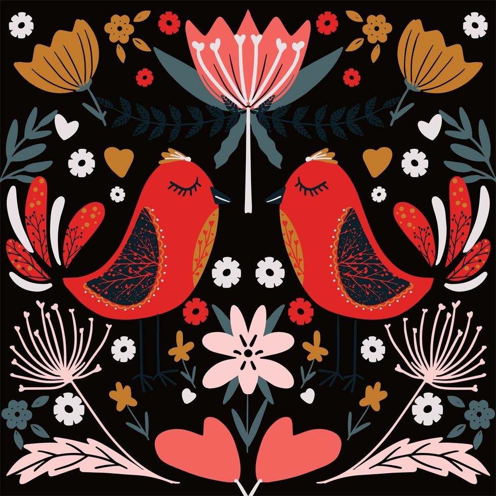 folk art scandinavian colourful pattern with flowers and birds vector