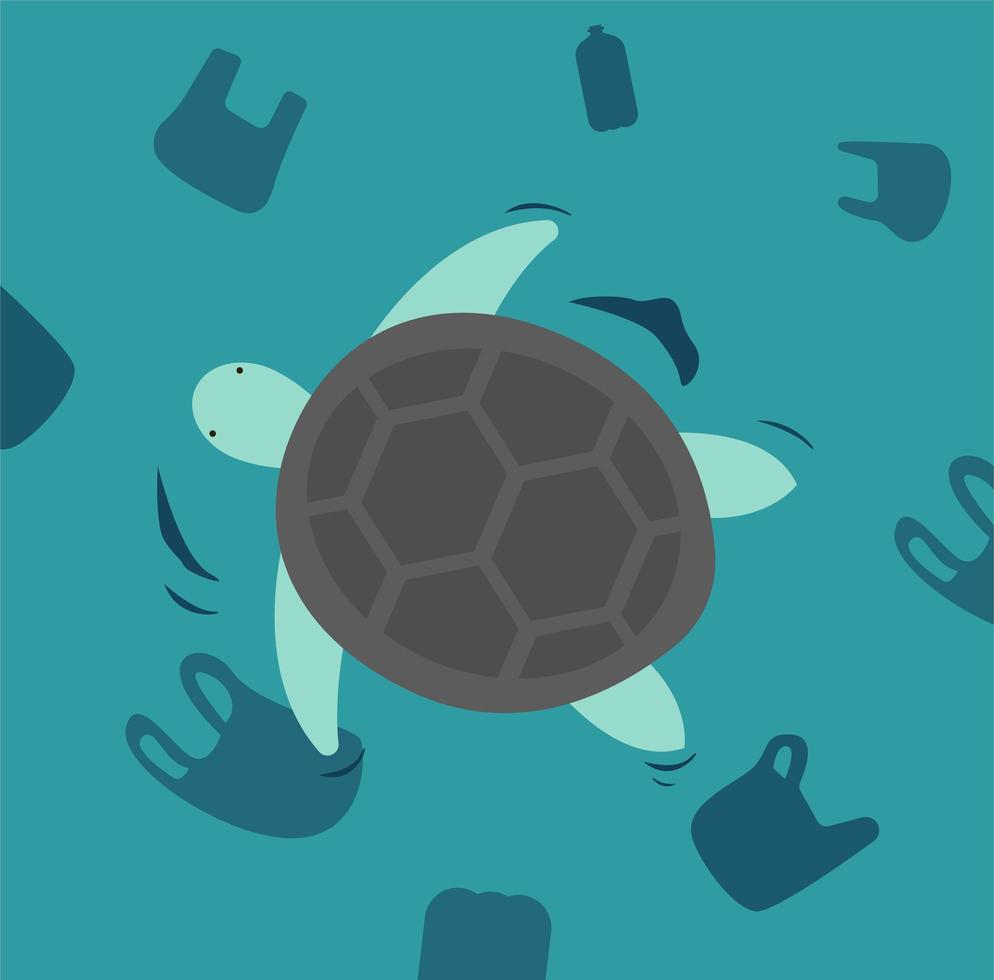 Ocean plastic pollution in turtle habitat. vector
