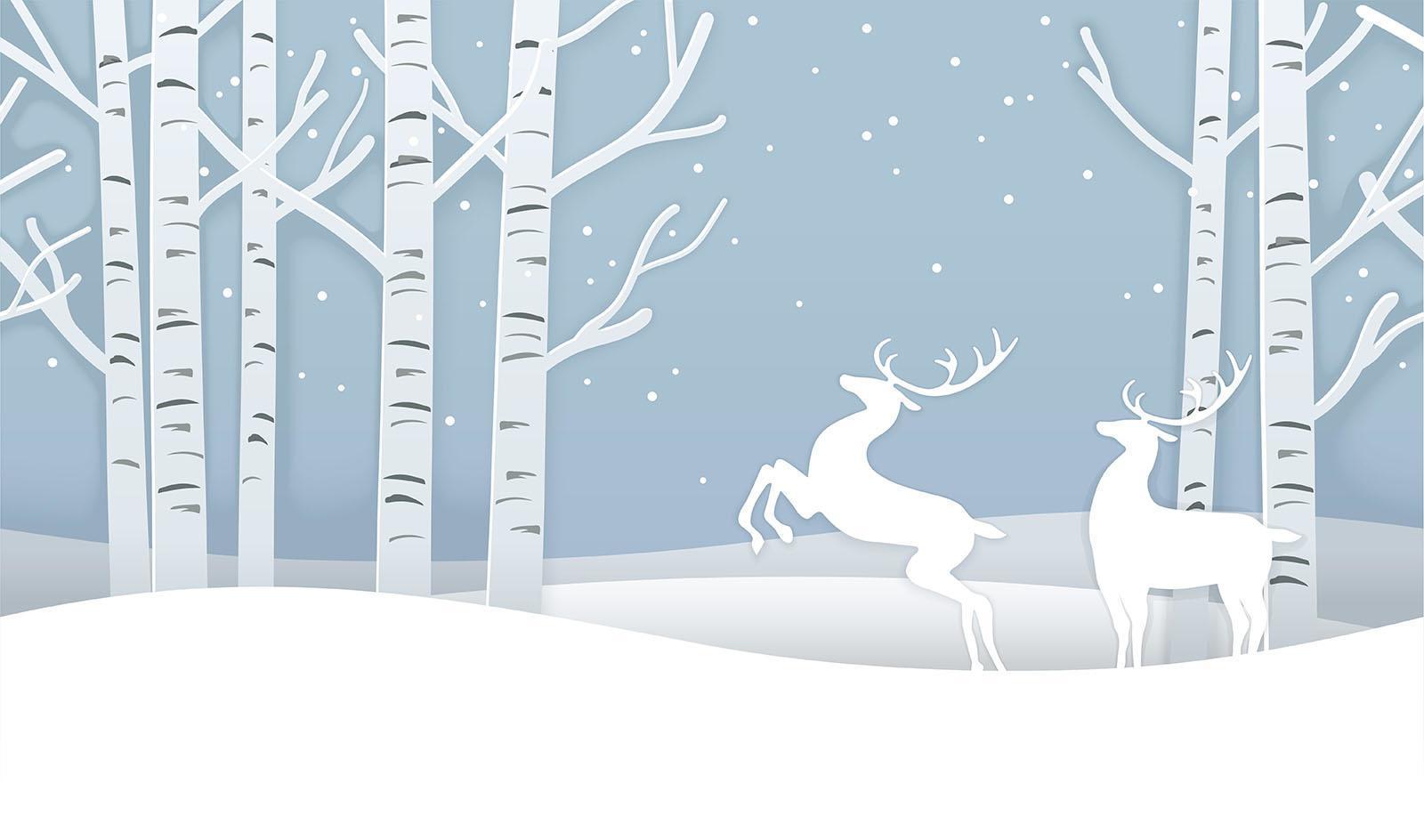 Seamless Christmas Winter Forest Background With Reindeers. vector