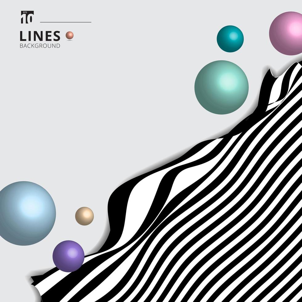 Abstract striped black and white curved line stripe wave background with 3D circles spheres glossy pastel color. vector