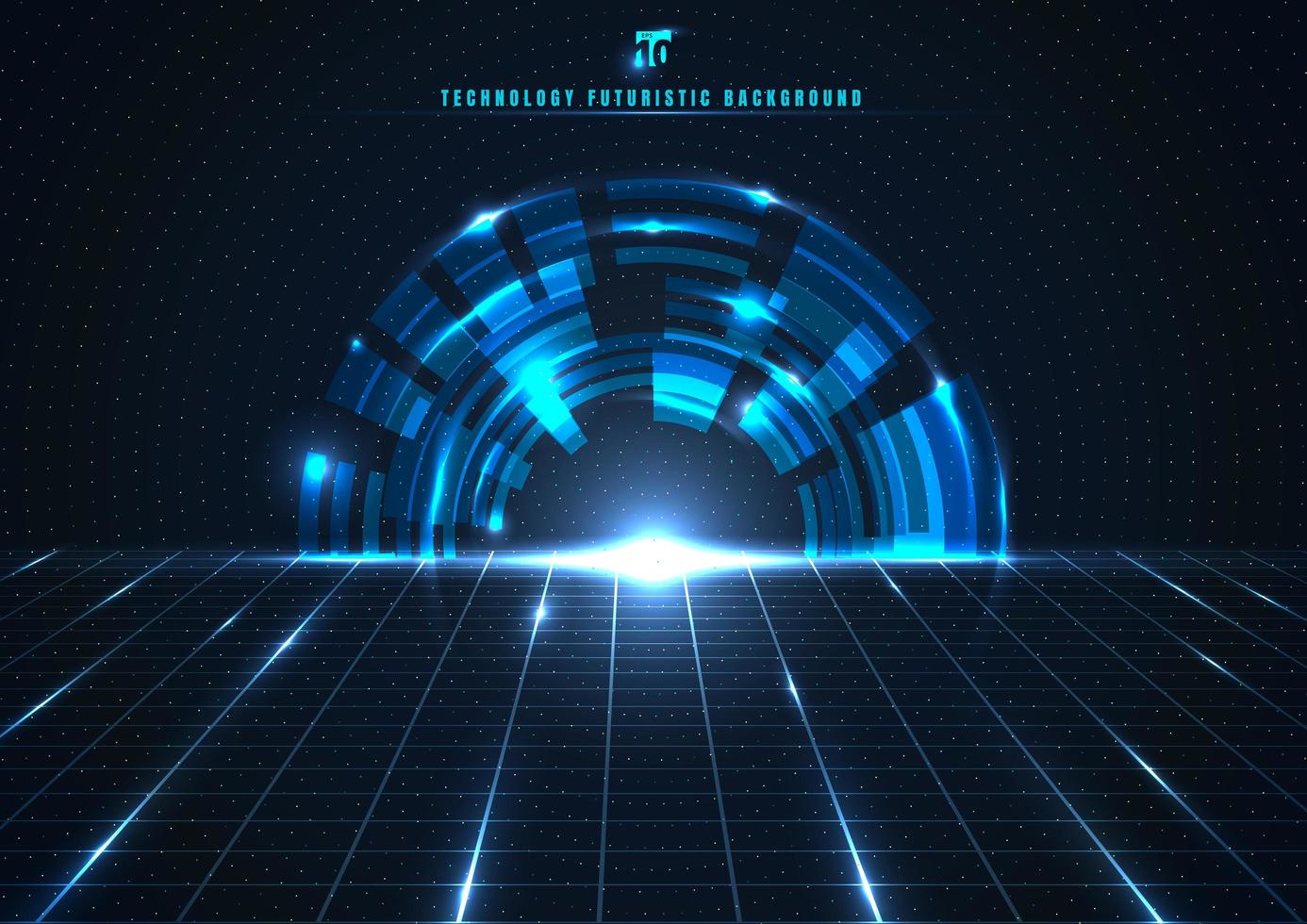 Abstract technology futuristic digital concept engineering gear wheel with perspective grid and lighting glowing particles dots elements on dark blue background. vector