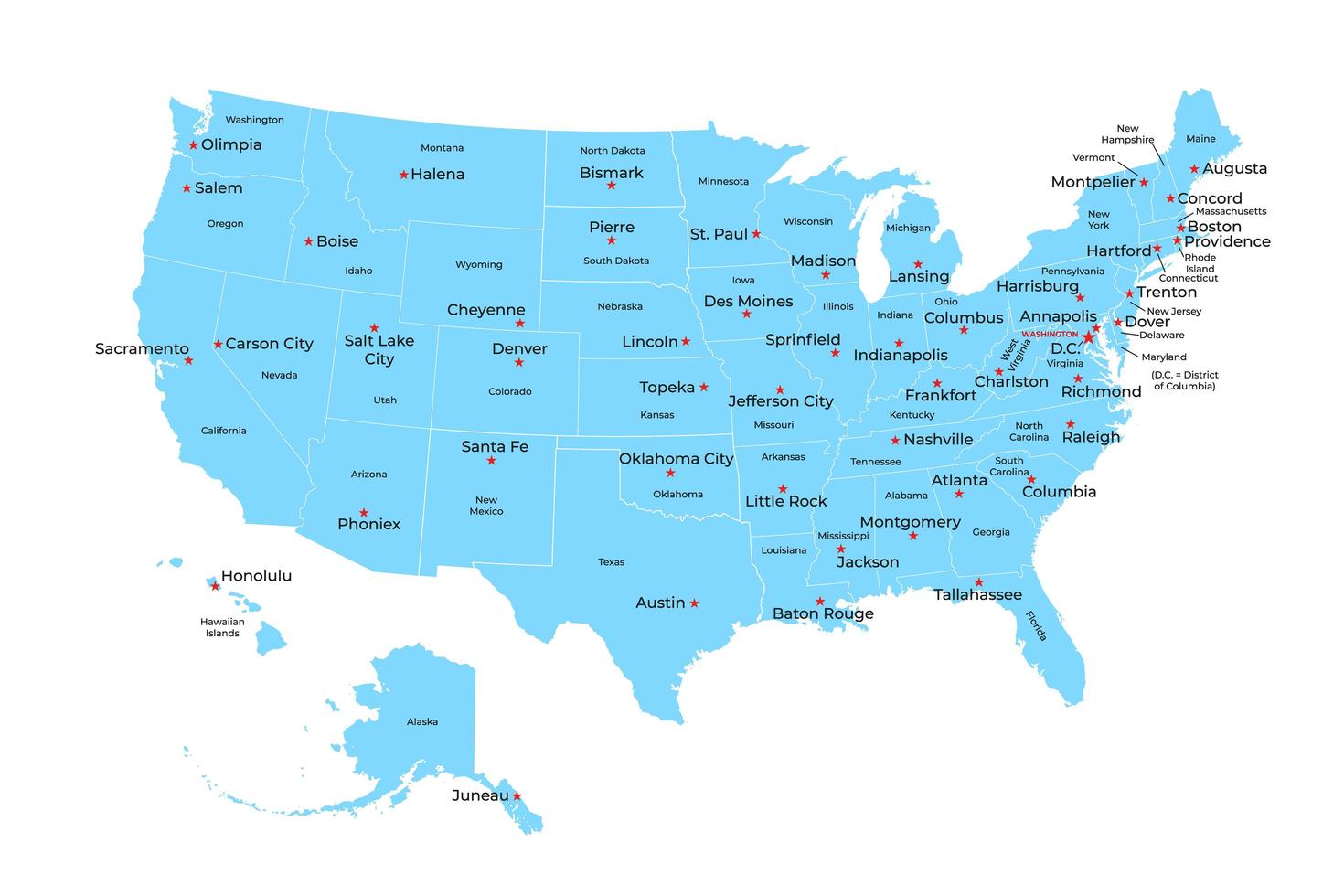 Map of United States of America with states and capital cities. vector