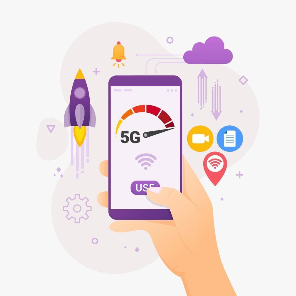 People using high speed wireless connection 5G via mobile smartphone design concept vector illustration