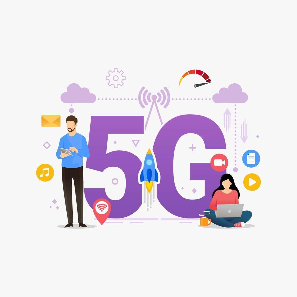 Personas que utilizan conexión inalámbrica de alta velocidad 5g a través de la ilustración de vector de concepto de diseño de teléfono inteligente móvil