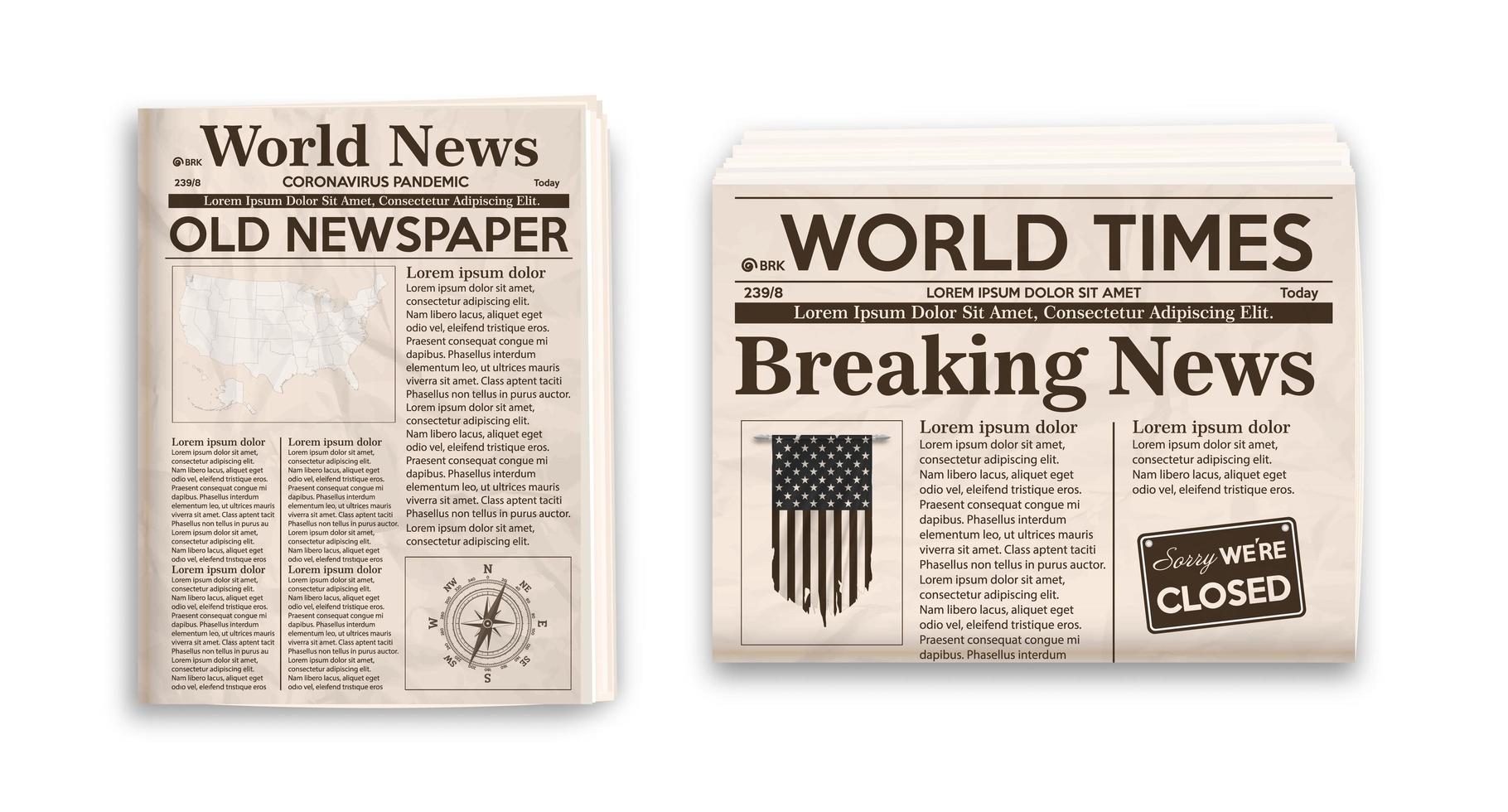 Old newspaper layout. Vertical and horizontal mockup of newspapers isolated on white background. vector