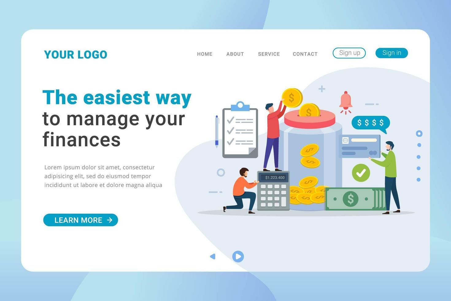 Landing page template financial management design concept vector