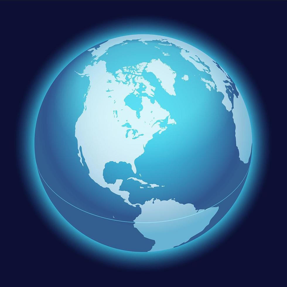 World Globe Map. North America Centered Map. Blue Planet Sphere Icon On A Dark Background. vector