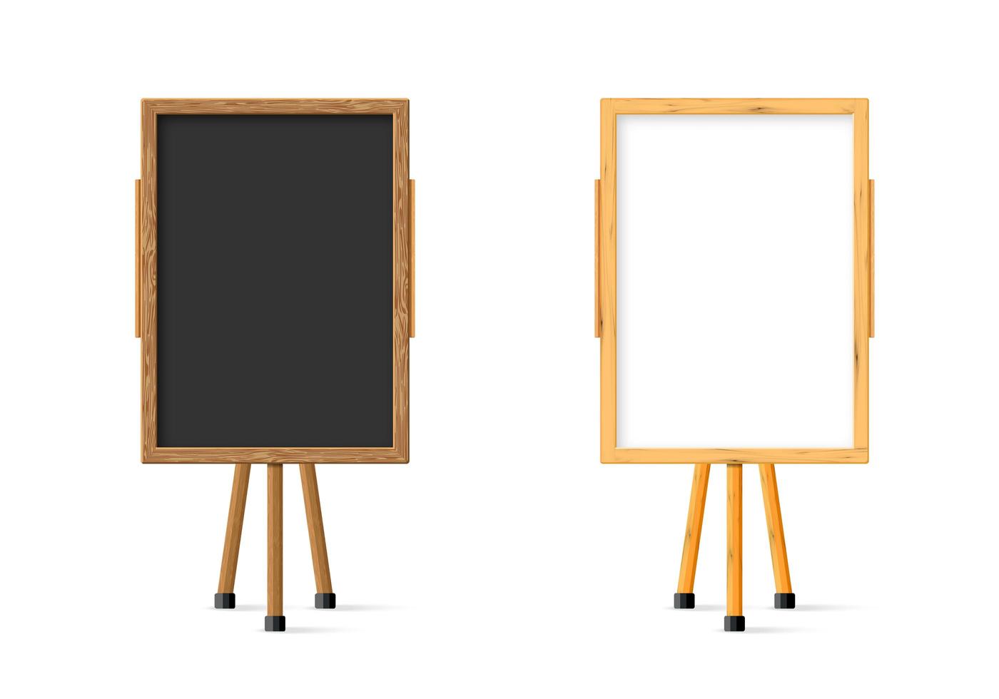 Wooden school child black board and white set on easel front view. vector