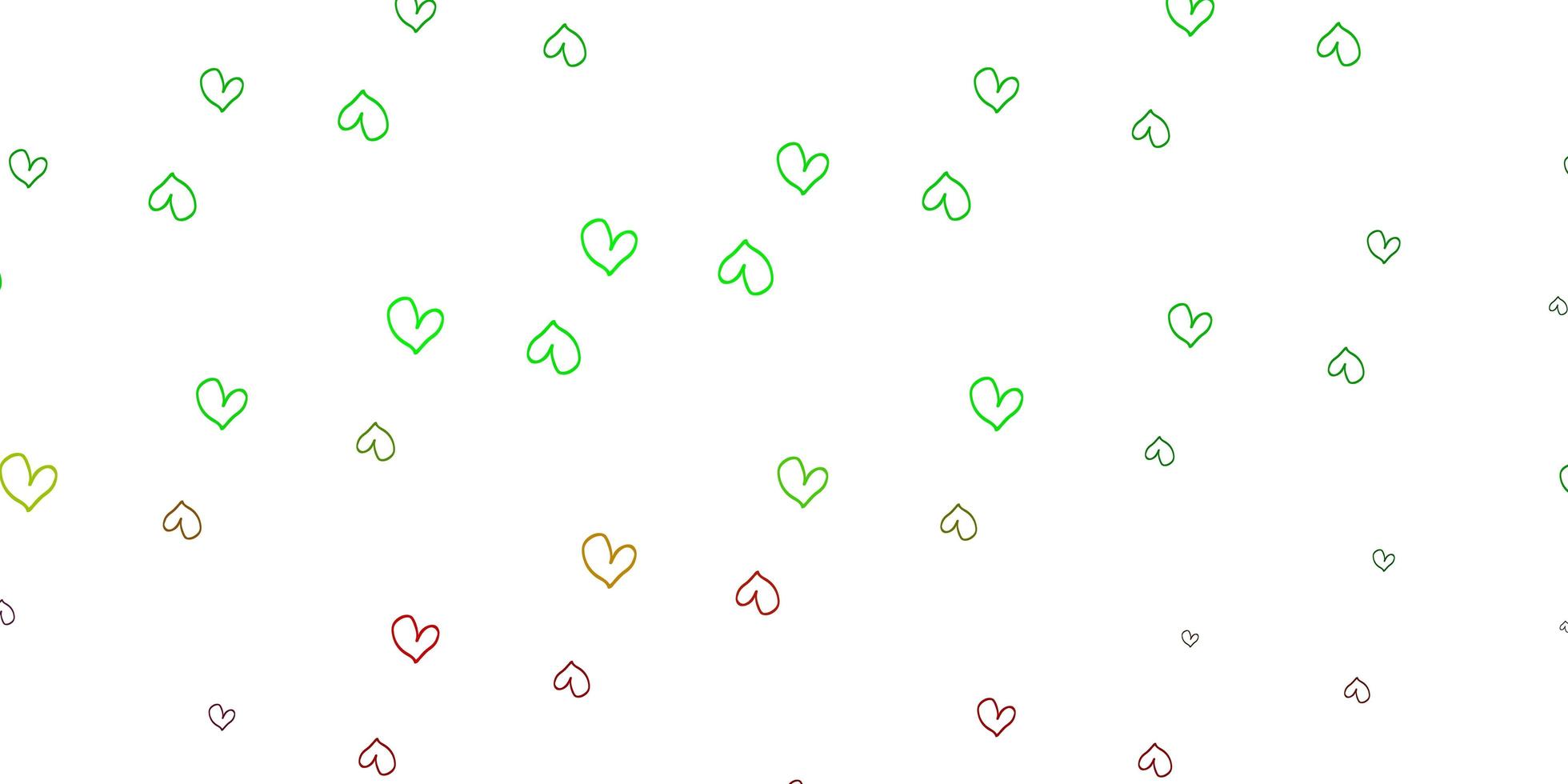 plantilla de vector verde claro, rojo con corazones de doodle.