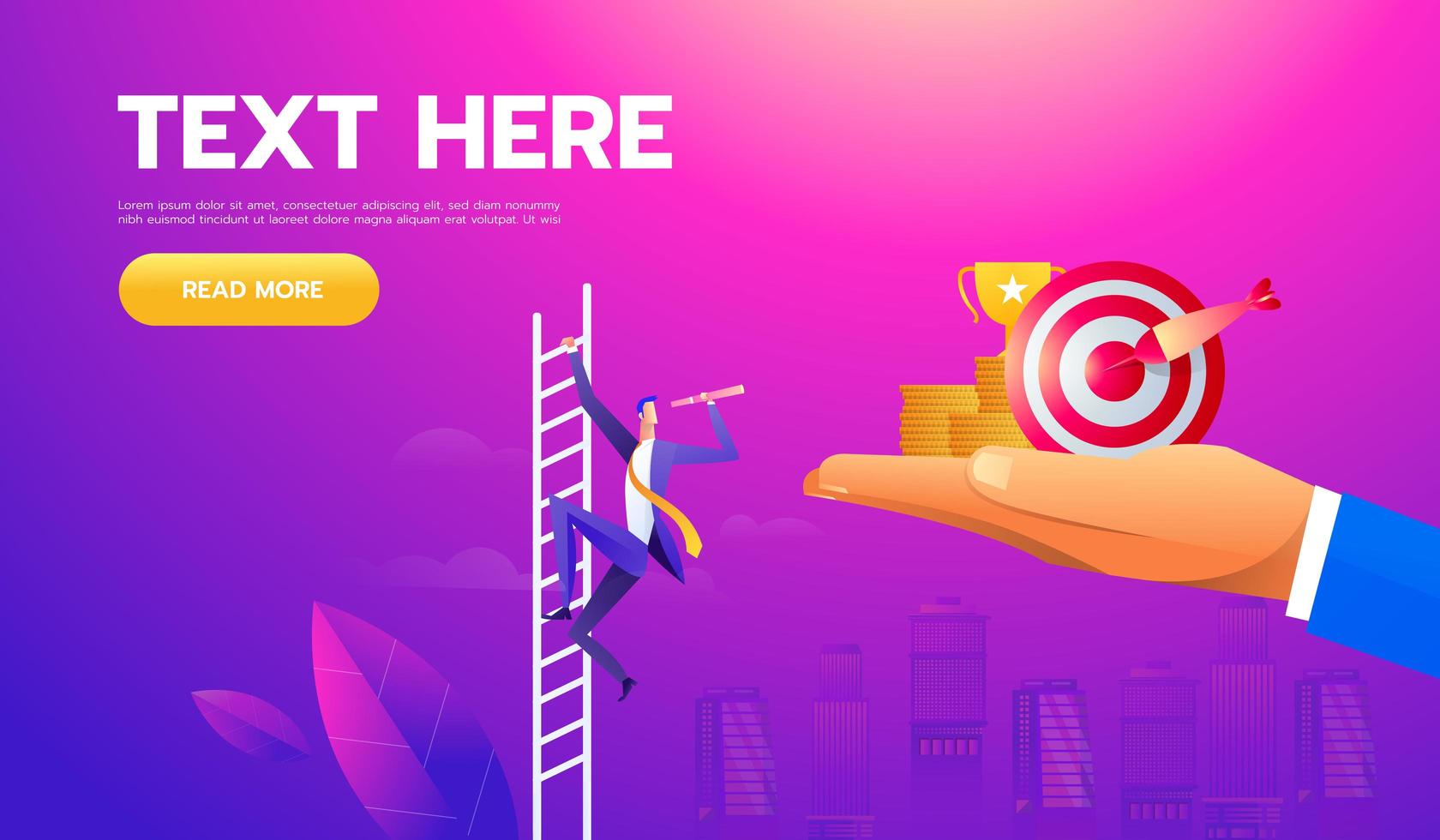 Business vector concept with businessman on a ladder with telescope. Symbol of leader, leadership , ambition, motivation. vector illustration.