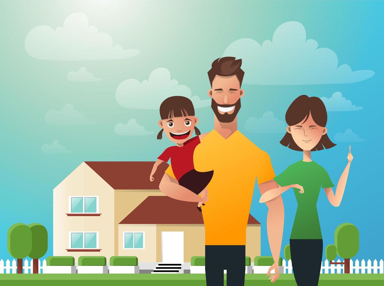 Happy family in the background of his home. Father, mother and daughter together outdoors. Vector illustrations in the flat style