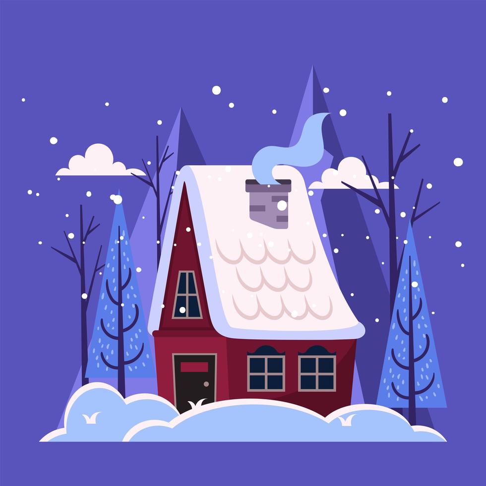 Cabin in the Woods Covered in Snowflake vector