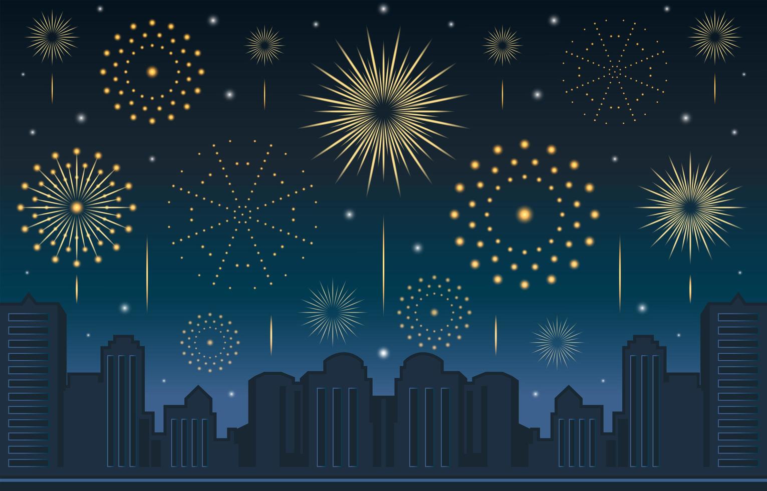 celebración de fuegos artificiales de año nuevo con paisaje urbano nocturno vector